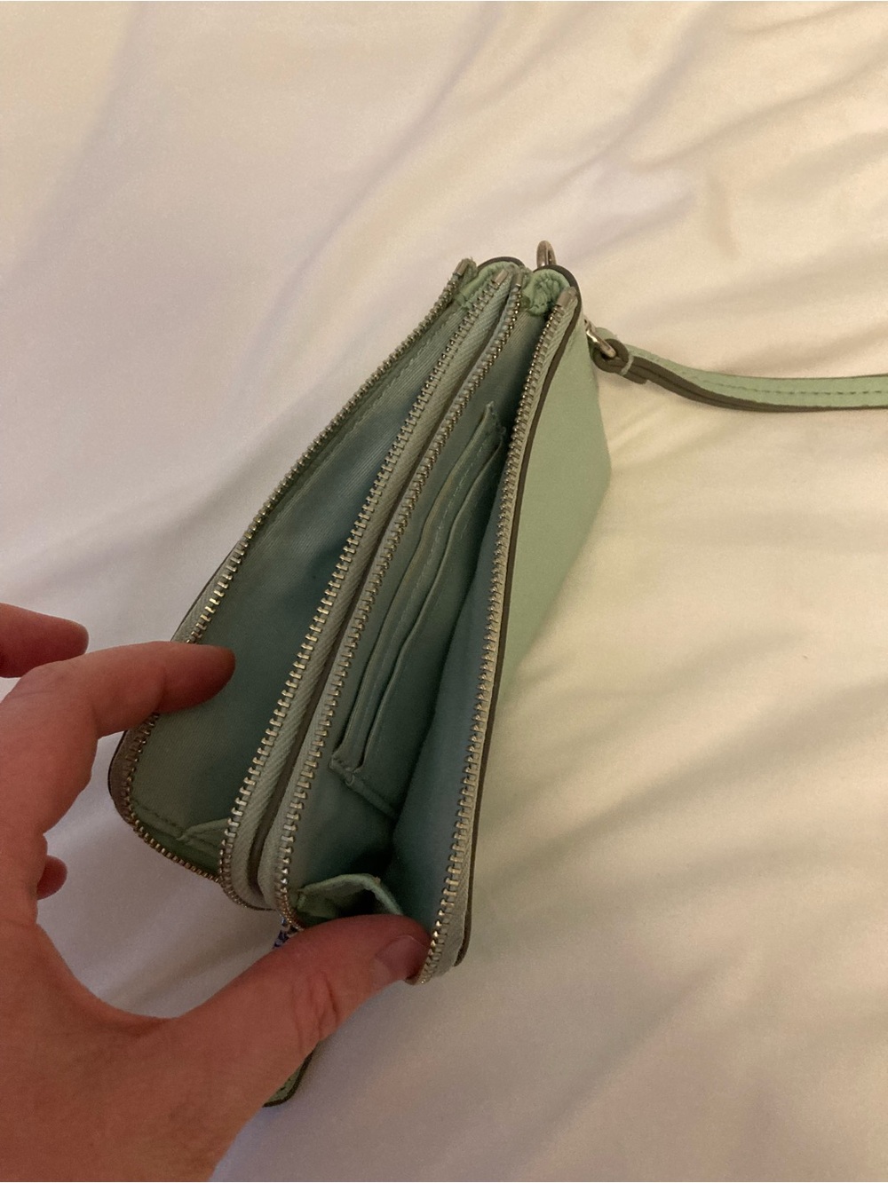Coach double zip Mint Green Leather Wristlet Wallet with Strap